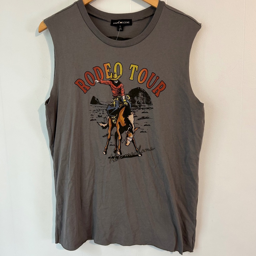 Social Scene Rodeo Tour Graphic Muscle Tee Gray Open Back Silver Chain Fringe XL